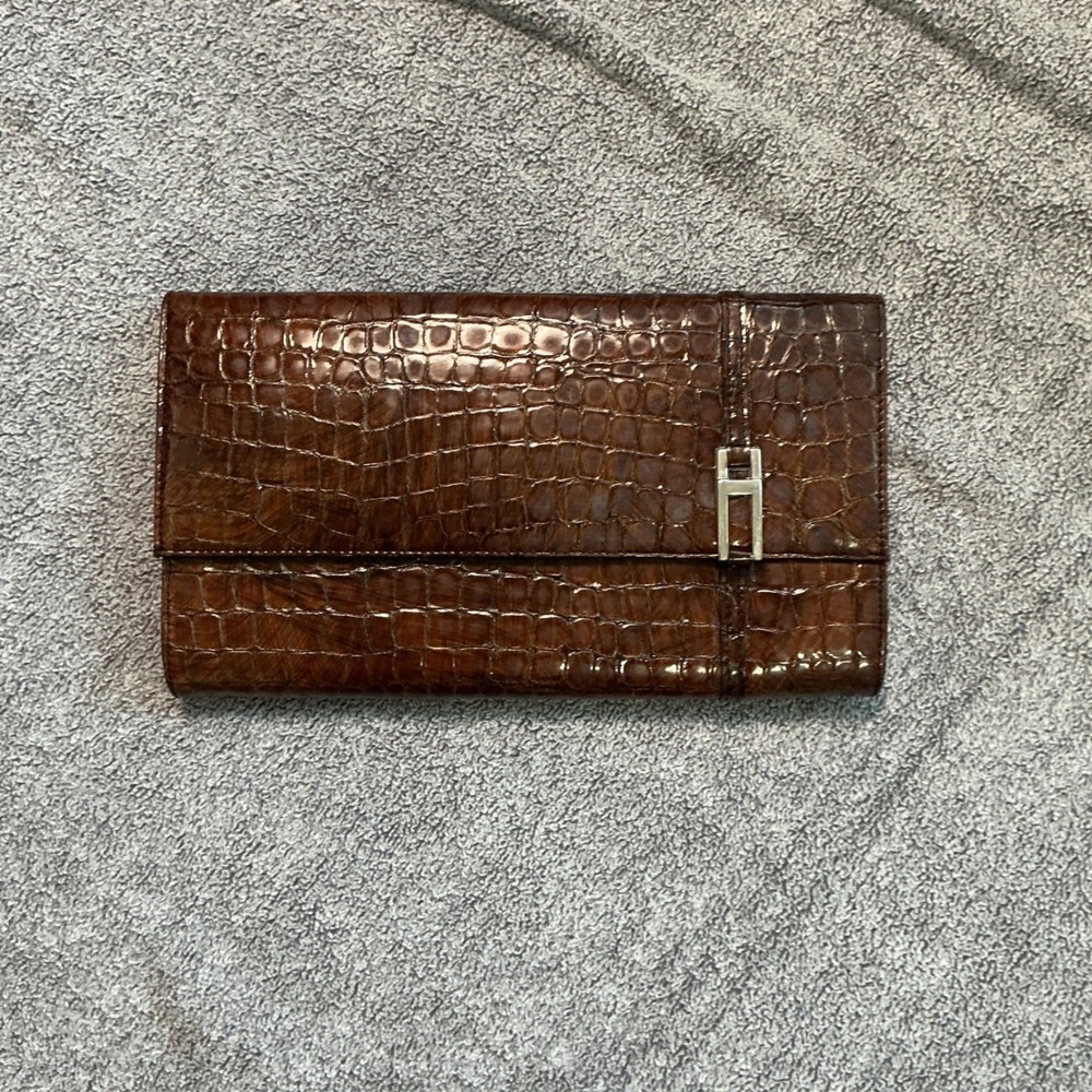 BCBG Max Azria Brown Croc Embossed Italian Leather Clutch Bag Evening Purse